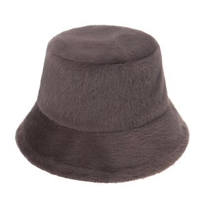 Detail of dark grey faux fur bucket hat showing soft plush texture and thick winter fabric