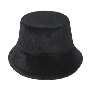 Plush solid black faux mink fur bucket hat for winter warmth and windproof ear protection