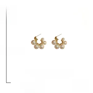 French vintage C-shaped hoop earrings featuring clustered faux pearls and S925 silver posts