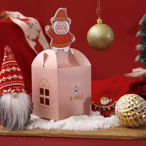 Pink Christmas apple gift box with cartoon bear card and golden X-MAS foil stamp