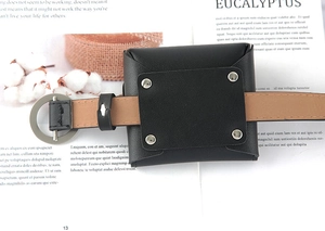 Detail of black litchi grain mini waist bag with dual-tone belt and silver ring buckle
