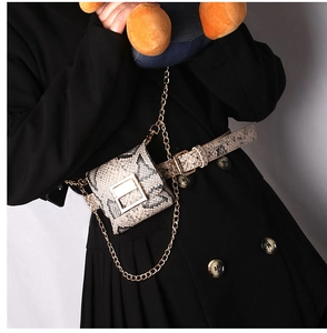 Detail of snake skin pattern mini waist bag with gold buckle on a black wool coat