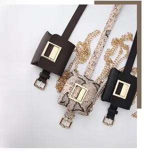 Detail of mini waist bag set showing leather textures and gold square buckles