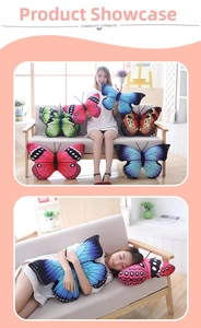 Detail showing plush butterfly pillows with realistic prints in various colors on a sofa