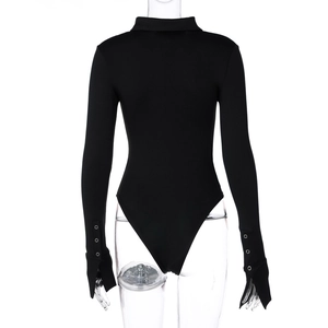 Vue arrière du body noir à manches longues avec col polo et détails de boutons aux poignets