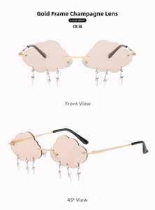 Close-up of cloud-shaped sunglasses with light tea lenses and lightning metal pendants