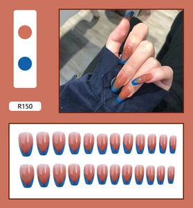 French ballet press-on nails in nude brown with deep blue V-tip design 24pcs set