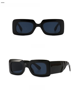 Front and side view of retro wide-arm rectangle sunglasses in glossy black finish