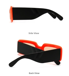 Side view of retro sunglasses with bright orange frame and thick black temples detail