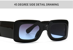 Detailed 45-degree side view of retro black rectangle sunglasses with purple gradient lenses
