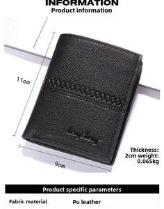 Vue détaillée du portefeuille noir en cuir PU avec bande tressée et dimensions