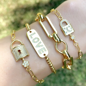 Pulsera De Cobre Chapado En Oro Colgante Candado Llave Circón Luna Estrella Letra LOVE Elegante Cadena De Clip Para Mujeres
