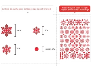 Detailed dimensions of red snowflake window stickers on a 50x70cm layout sheet