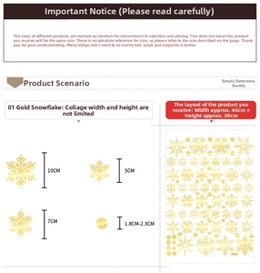 Golden snowflake window stickers with detailed size specifications for holiday decor