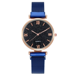 Starry sky dial watch for women with blue magnetic mesh strap and rose gold roman numerals