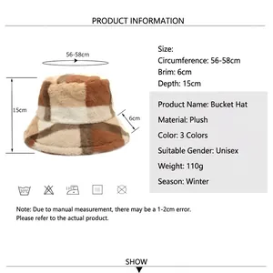 Winter plush plaid bucket hat in brown and beige with detailed size and spec chart