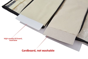 Detail of waterproof PP board vs non-washable cardboard for handbag organizer