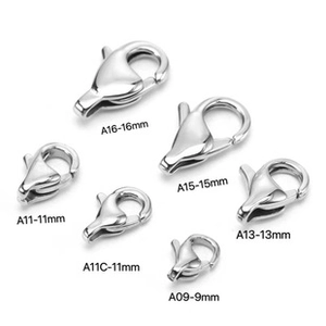 Polished 316L stainless steel lobster clasps in 9mm to 16mm sizes for jewelry making
