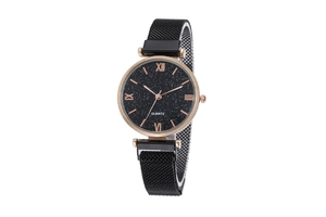 Detail of starry dial women's watch with rose gold case and magnetic mesh strap