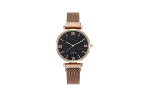 Detailed view of women's starry sky watch with rose gold case and magnetic strap