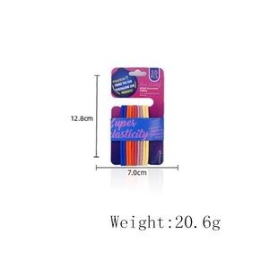 Detailed size and weight view of 10 seamless candy colored elastic hair ties