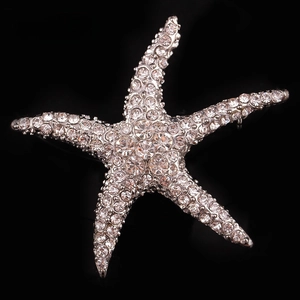 Macro shot of silver starfish brooch featuring clear pavé rhinestones on black background