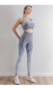 Vue détaillée du dos de la brassière de sport et du legging de yoga en maille dégradée