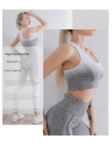 Détail du soutien-gorge de yoga dégradé sans couture et legging gris à taille haute