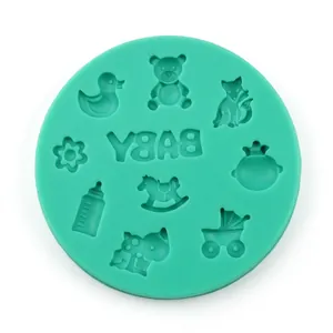 Detailed view of mint green silicone mold with baby-themed patterns like milk bottles