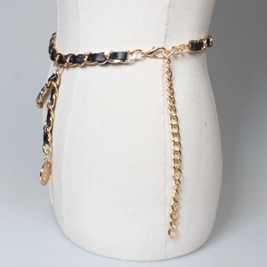 Fashionable gold metal chain and black leather woven waist belt for dresses