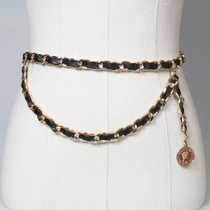 Gold chain woven belt with black leather and coin pendant for women's dresses