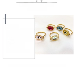 Detailed product card showing 18K gold plated copper rings with colorful K9 crystals