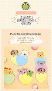 Close-up of heart-shaped sticky notes featuring cute cartoon animals and macaron colors