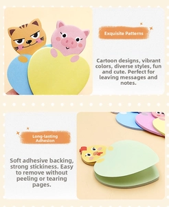 Macro view of cute cartoon animal sticky notes showing strong adhesive and thick paper quality