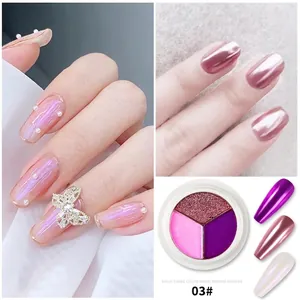 Three-color solid chrome nail powder set for metallic mirror effect on pink and purple nails