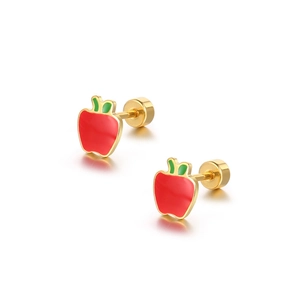 Cute red apple stud earrings in titanium steel with green leaf detail and screw backs