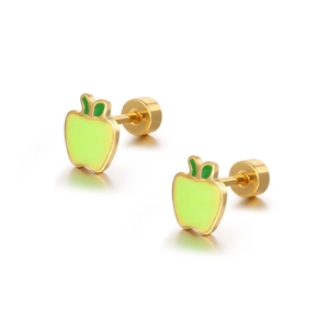Minimalist green apple stud earrings in gold finish with secure screw-back design