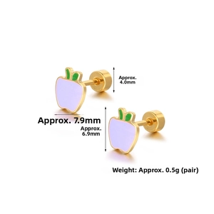 Detailed size view of tiny purple apple stud earrings with green leaves and gold screw backs