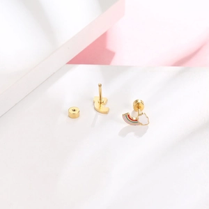 Cute rainbow cloud stud earrings in gold titanium steel with colorful enamel detail