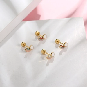 Cute rainbow cloud stud earrings in gold titanium steel with secure screw back closure