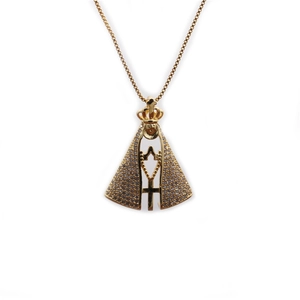Golden necklace with crown pendant and saint figure featuring crystal rhinestones