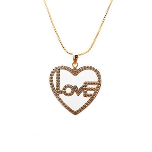 Golden heart pendant necklace with zircon-studded LOVE design and box chain on white background
