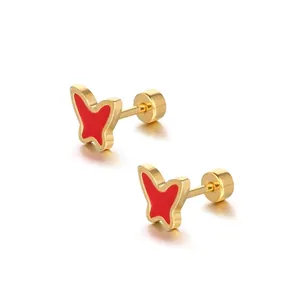Butterfly Stud Earrings Titanium Steel Gold Plated Colorful Enamel Screw Flat Back Fairy Minimalist Dainty Jewelry For Women Girls