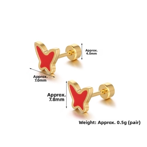 Detailed macro view of 7mm red enamel butterfly stud earrings with secure screw back design