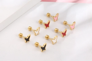 Detail of colorful butterfly stud earrings with secure screw backs in gold finish