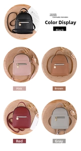 Detailed grid view of mini PU leather backpacks in black, pink, brown, red and grey colors