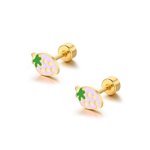 Cute pink strawberry stud earrings in gold-plated steel with secure screw-back design