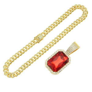 Cuban chain necklace with a large rectangular red ruby pendant and CZ diamond accents