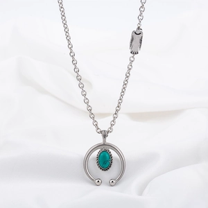 Retro Indian Style Horseshoe Pendant Necklace With Turquoise Stainless Steel Crescent Eagle Charm Vintage Ethnic Jewelry