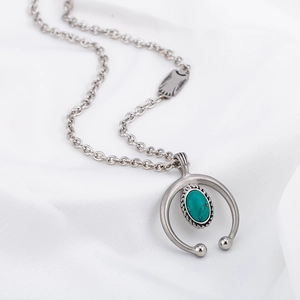 Vintage silver crescent moon pendant necklace with green turquoise for men